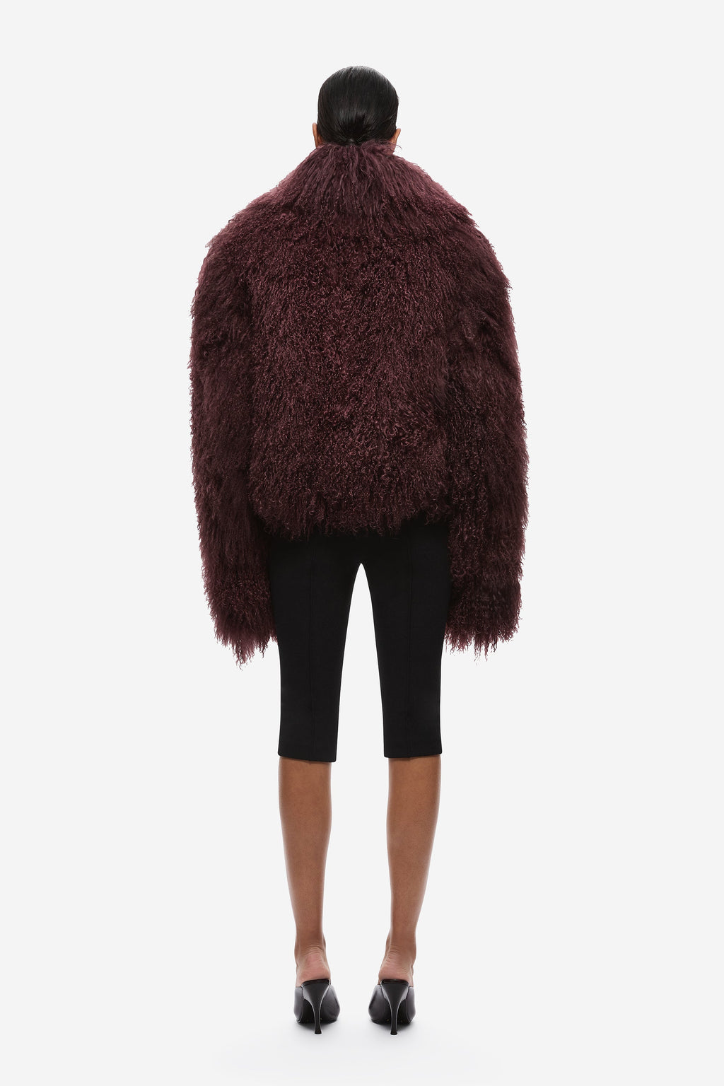 Maroon shearling jacket back view with full sleeves and textured, cropped hem
