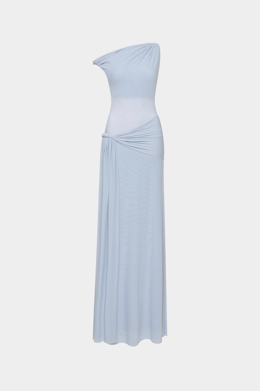 Light blue mesh dress with off-shoulder drape and gathered side waist