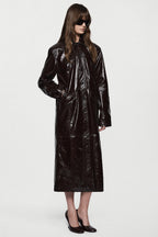 Bitter chocolate patent leather coat, long glossy finish, button front and wide sleeves