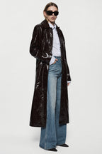 Bitter chocolate patent leather coat, long glossy finish, button front, standing collar