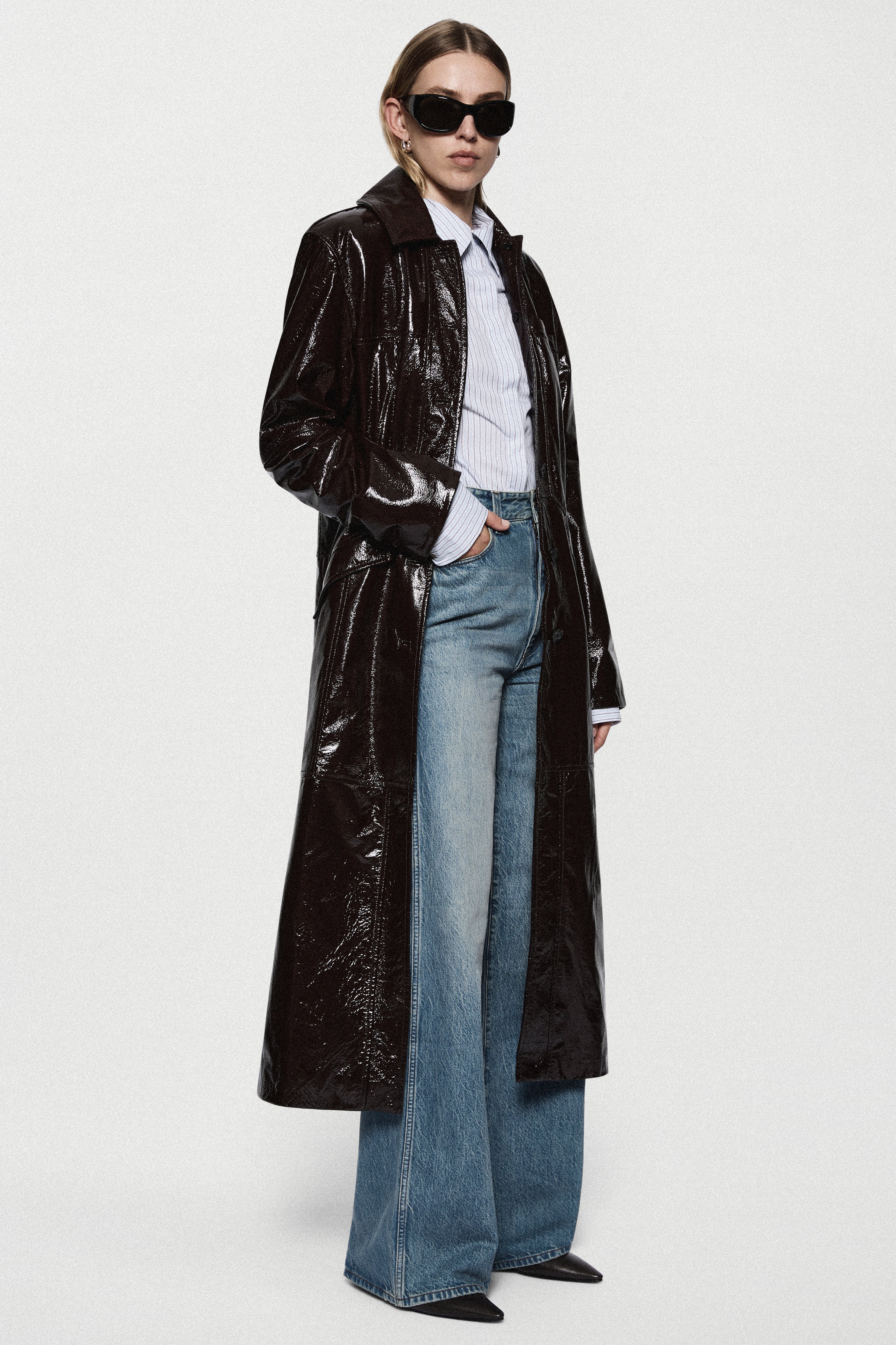 Bitter chocolate patent leather coat, long glossy finish, button front, standing collar