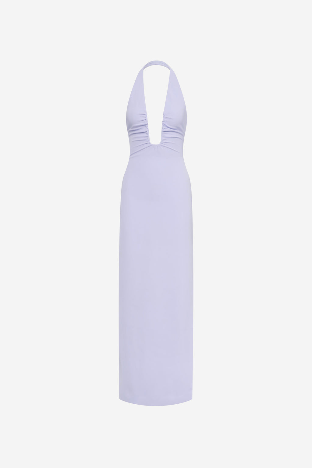 THE LUSI crepe dress in lilac, halter neckline with deep V, sleeveless, backless