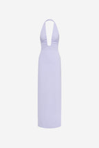 THE LUSI crepe dress in lilac, halter neckline with deep V, sleeveless, backless