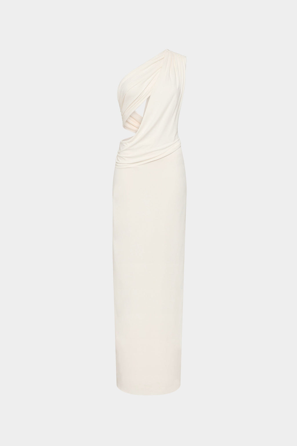 Ivory cupro maxi dress with gathered side drape