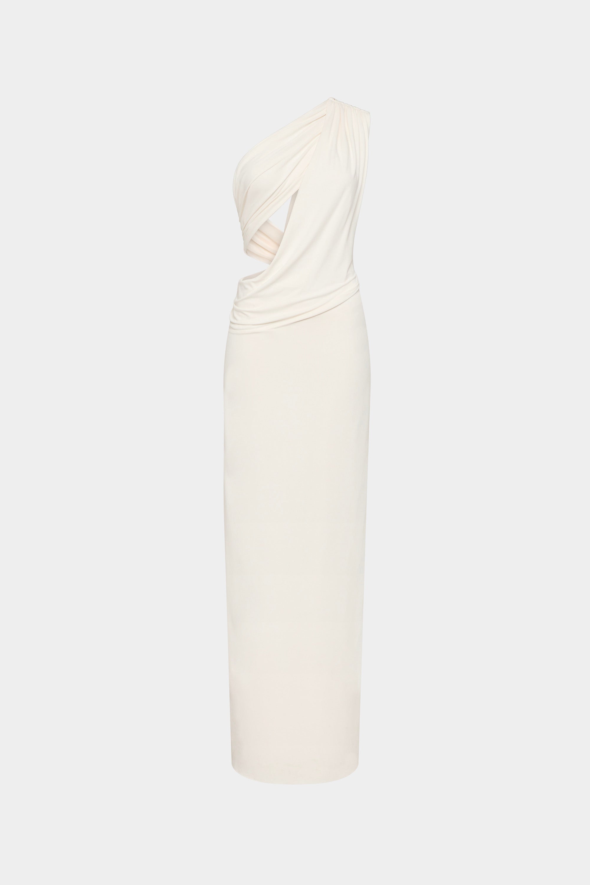 Ivory cupro maxi dress with gathered side drape