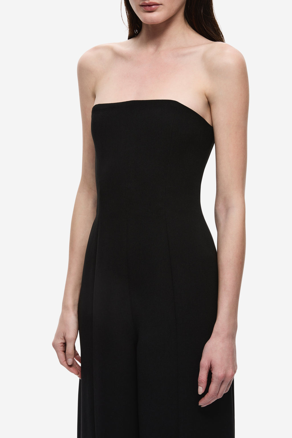 Black strapless jumpsuit with sweetheart neckline and fitted waist seam