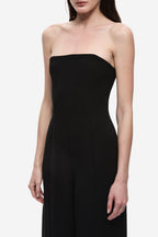 Black strapless jumpsuit with sweetheart neckline and fitted waist seam