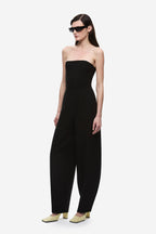 Black strapless wide-leg jumpsuit, front view with straight-leg wide cut