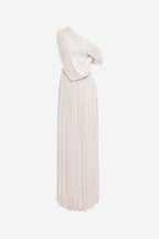 Whisper white one-shoulder maxi dress with twisted drape and vertical pleats