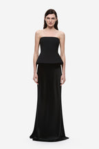 Black padded strapless satin gown with peplum bodice and long mermaid skirt