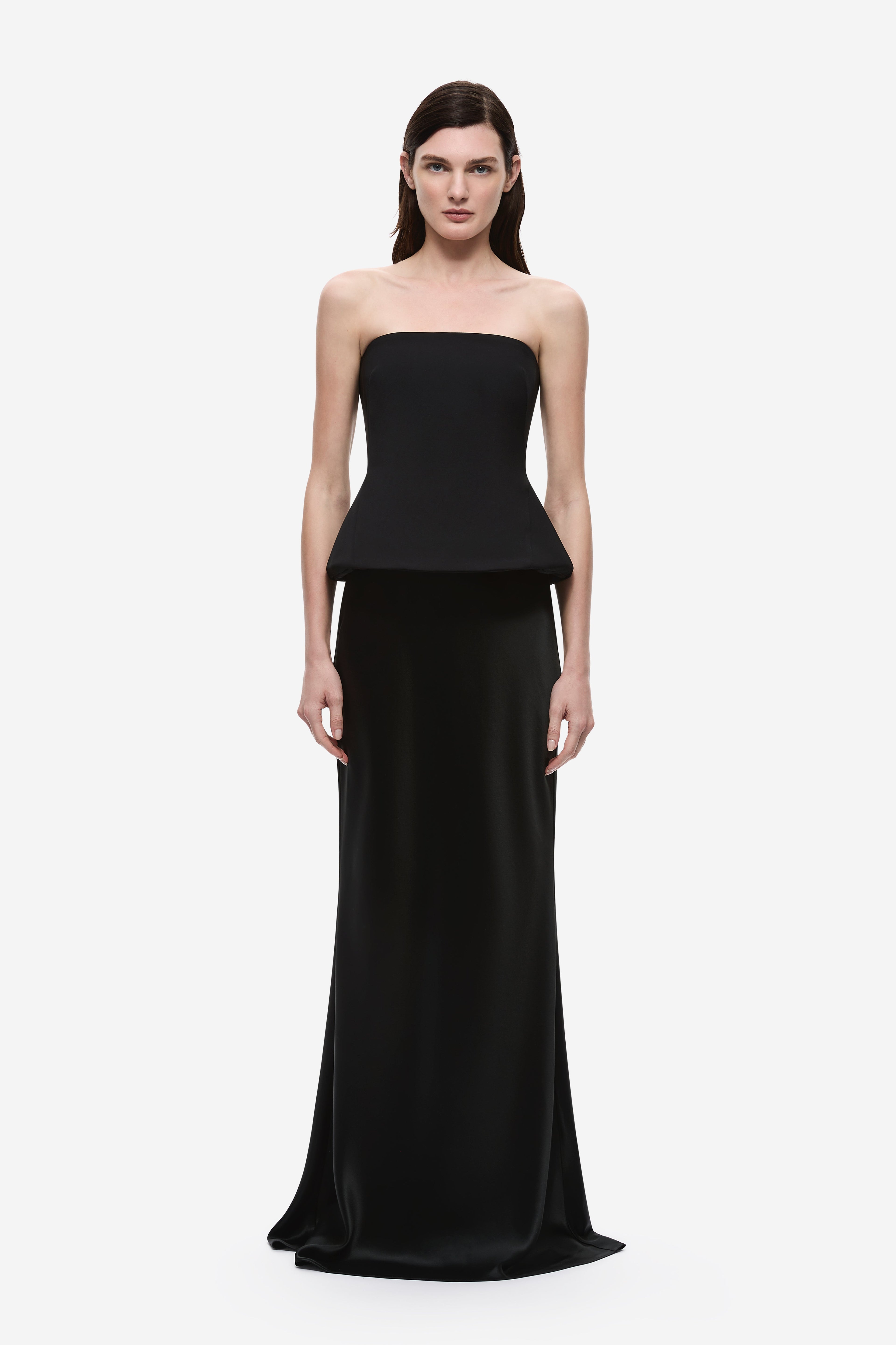 Black padded strapless satin gown with peplum bodice and long mermaid skirt