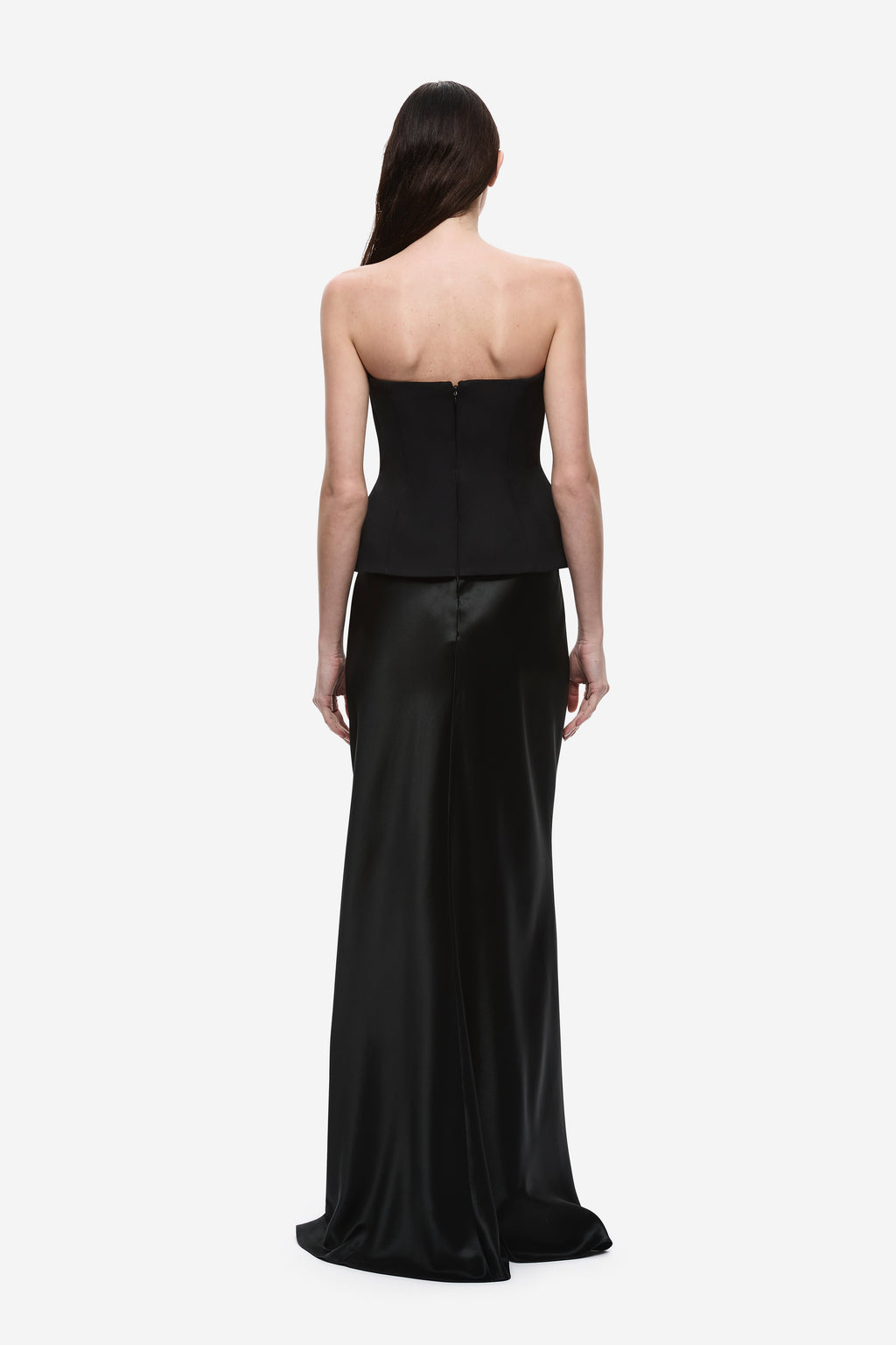 Back view of black strapless satin gown with padded bodice and long mermaid skirt