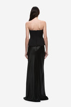 Back view of black strapless satin gown with padded bodice and long mermaid skirt