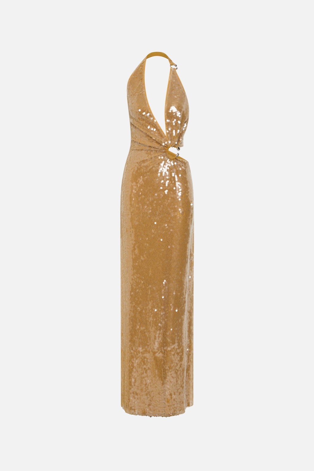 Gold sequin halter maxi dress, keyhole back and fitted column silhouette