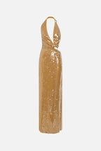 Gold sequin halter maxi dress, keyhole back and fitted column silhouette
