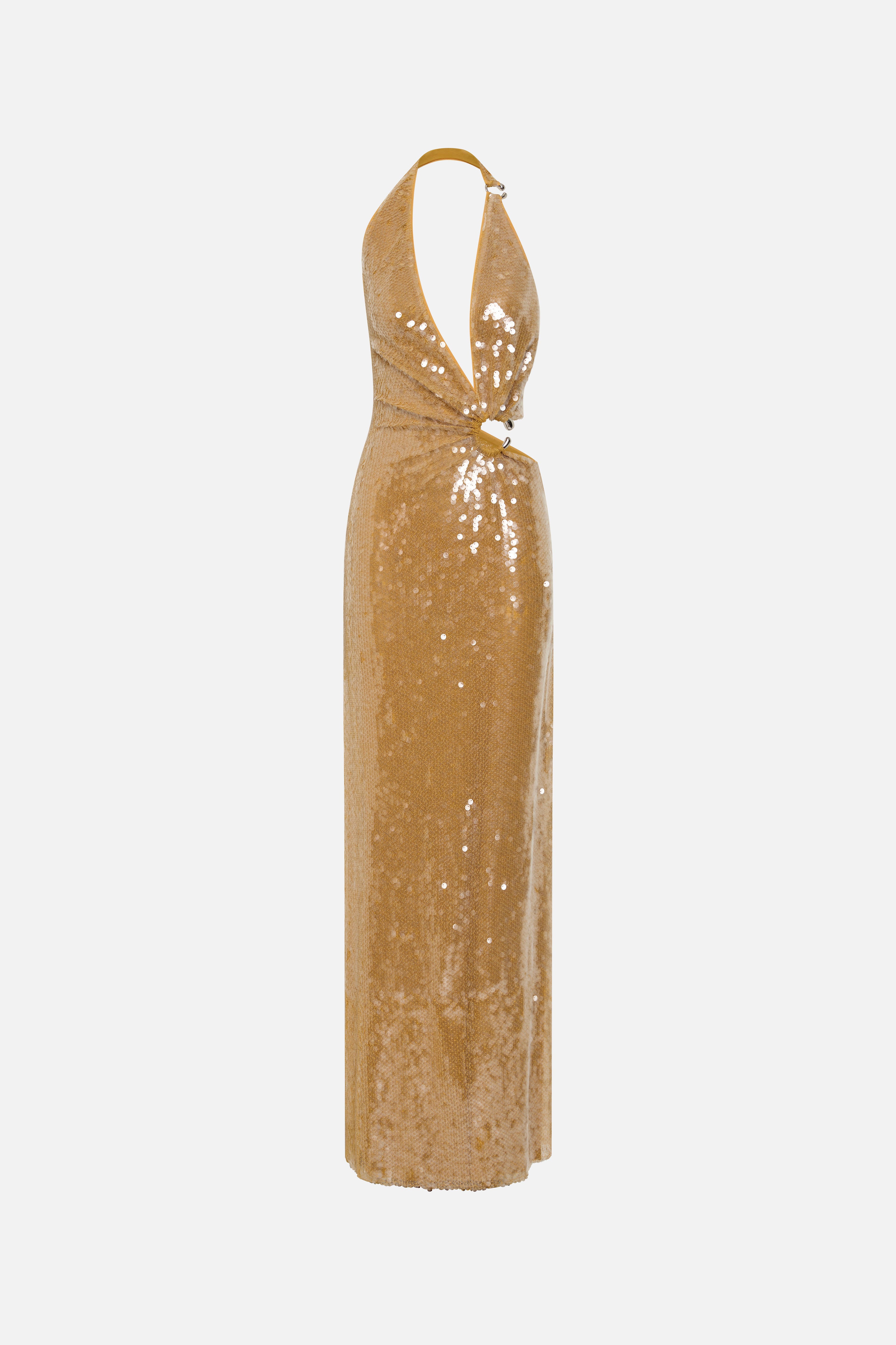 Gold sequin halter maxi dress, keyhole back and fitted column silhouette