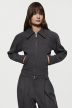 Charcoal tailored bomber jacket with pointed collar and center-front zipper, side pockets