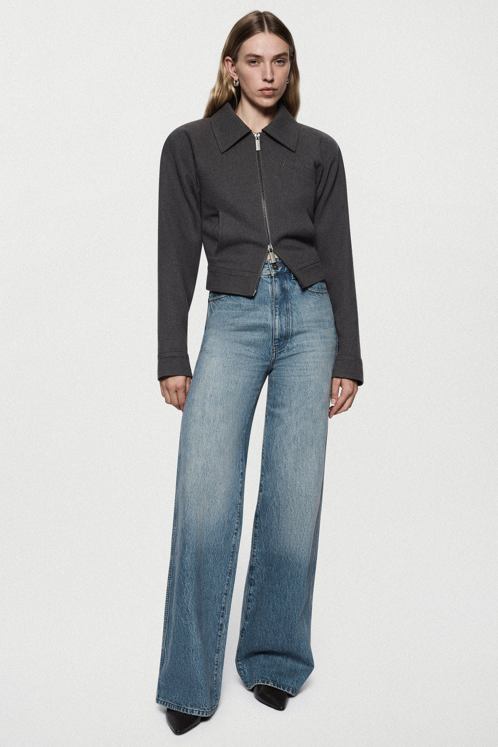 Charcoal tailored bomber jacket with pointed collar and center-front zipper, cropped length
