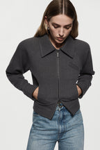Charcoal tailored bomber jacket with pointed collar and front zipper, side pockets