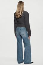 Charcoal tailored bomber jacket, back view with pointed collar and seam details