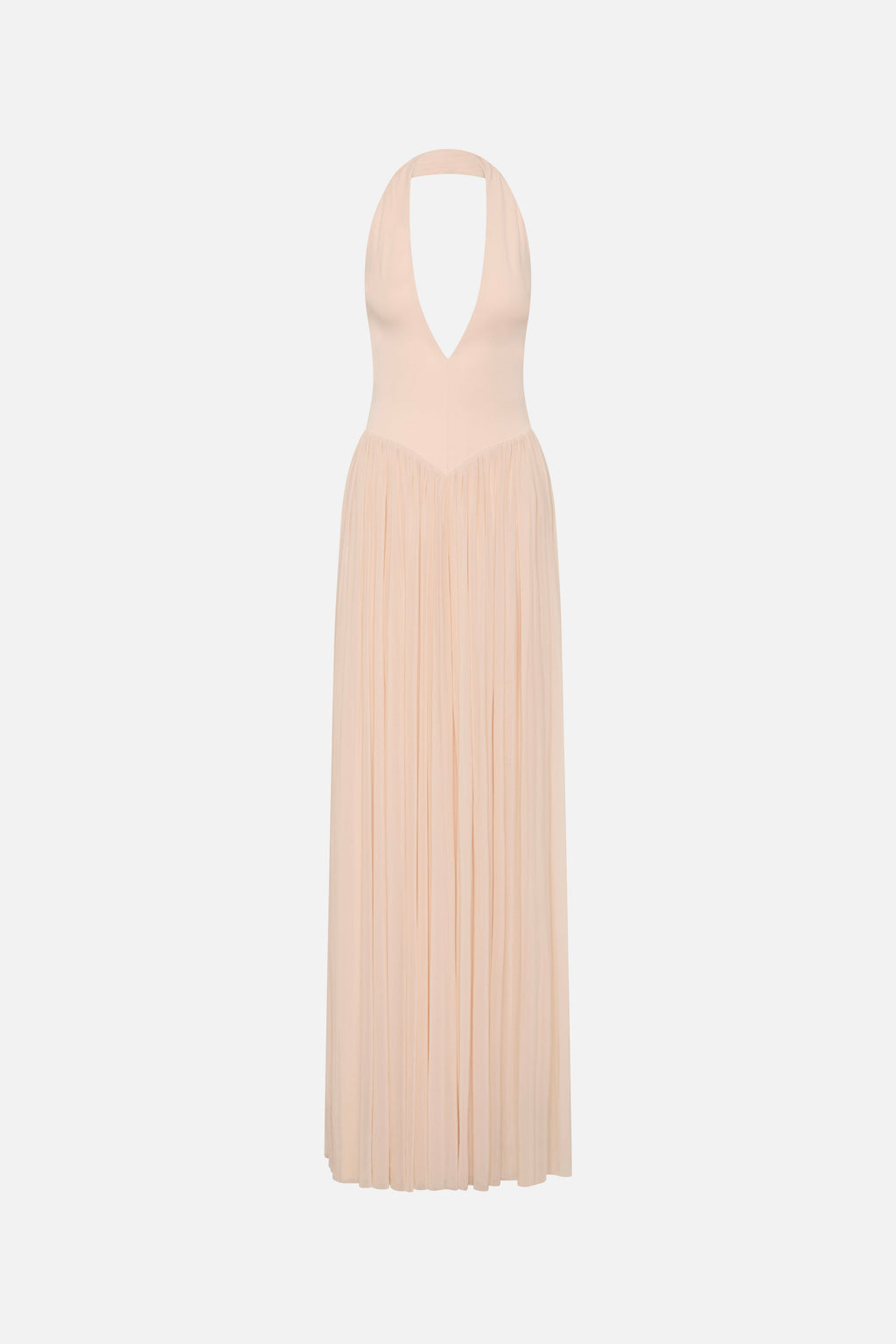 Soft pink sleeveless jersey maxi dress with deep back V and pleated gathered skirt