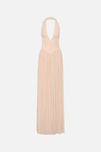 Soft pink sleeveless jersey maxi dress with deep back V and pleated gathered skirt