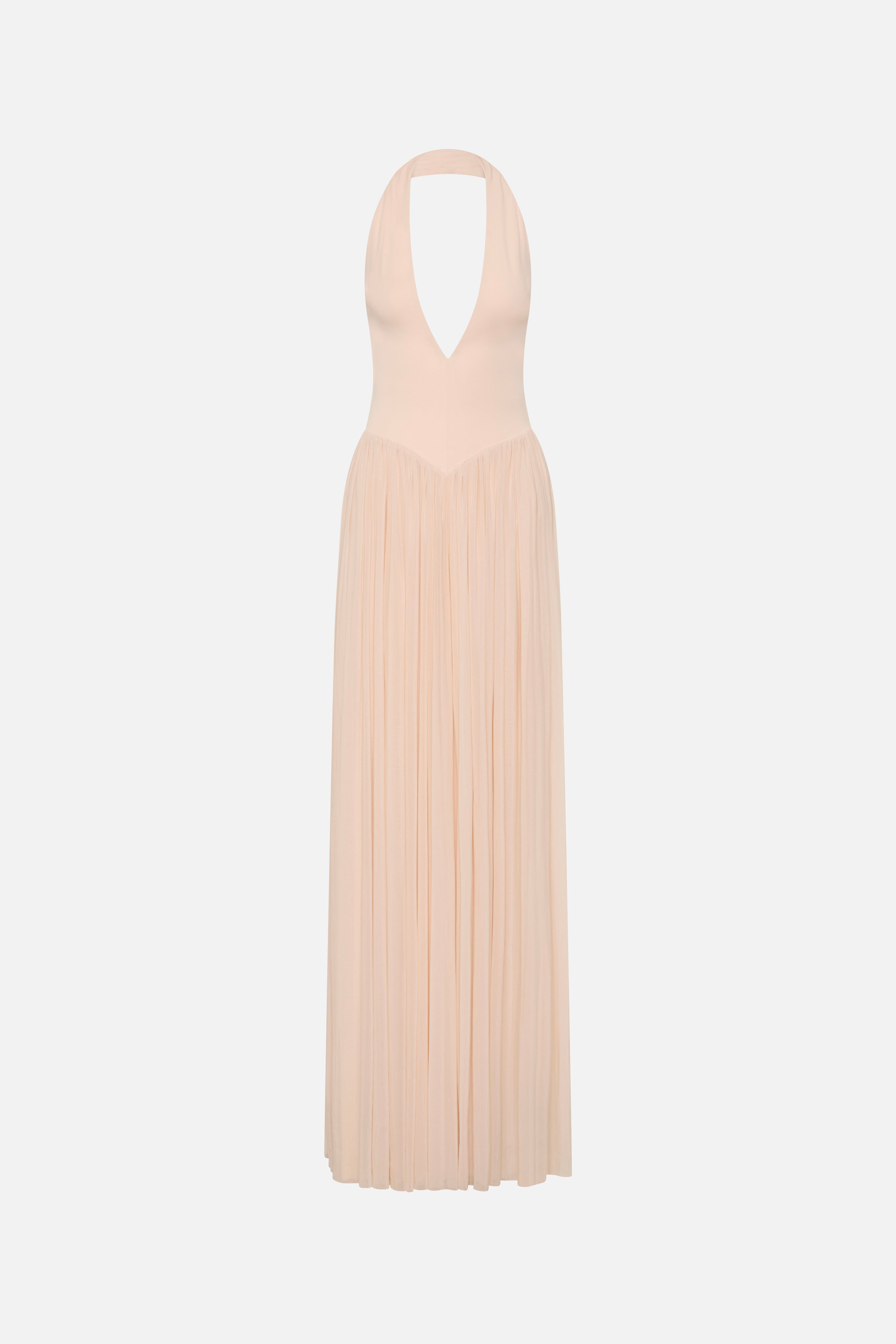 Soft pink sleeveless jersey maxi dress with deep back V and pleated gathered skirt