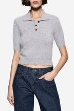Light grey brushed cashmere polo sweater with buttoned placket and short sleeves