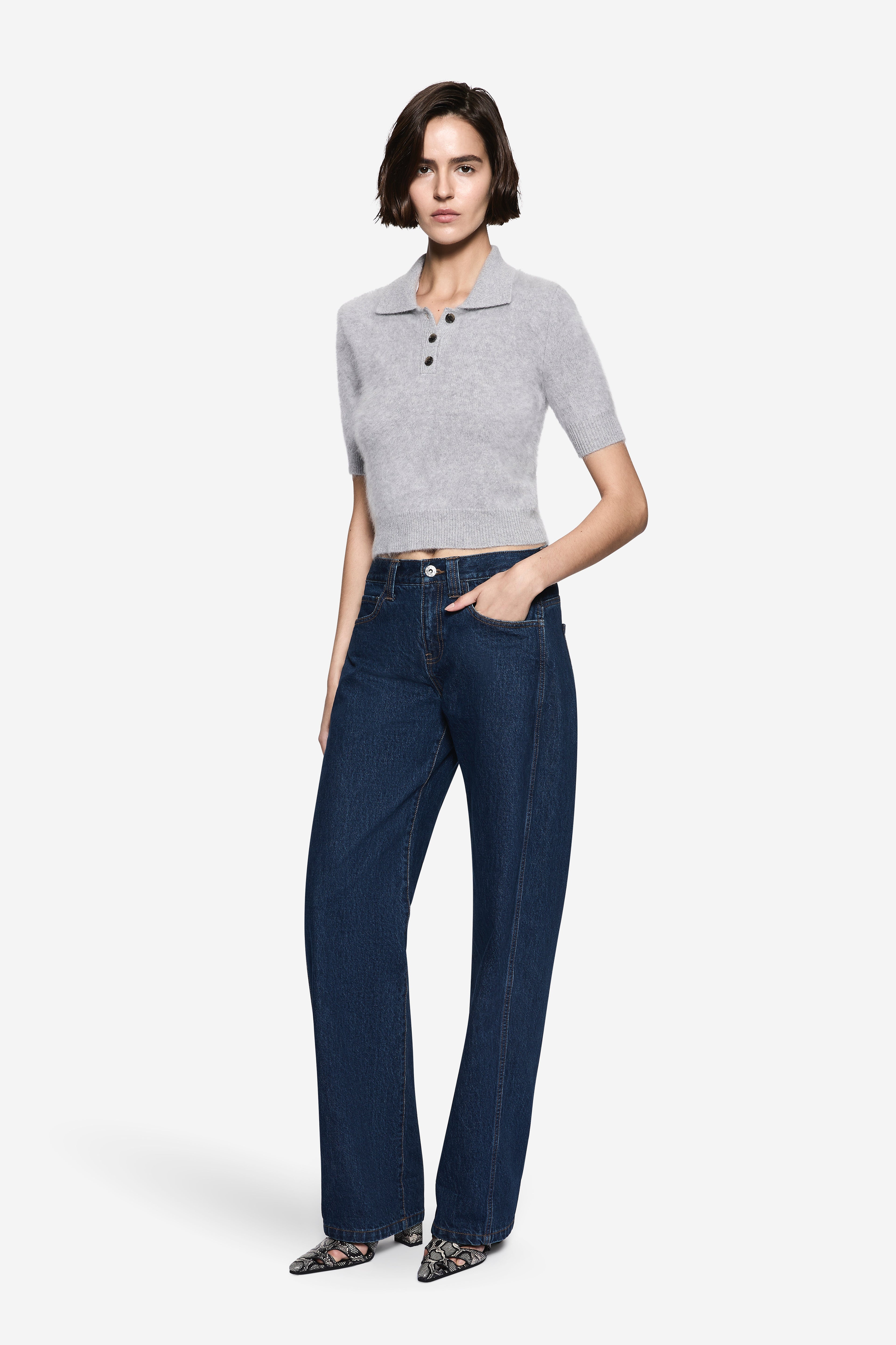 Light grey brushed cashmere polo sweater with short sleeves and button placket