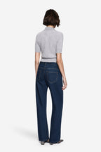Light grey brushed cashmere polo sweater, back view with ribbed collar and hem