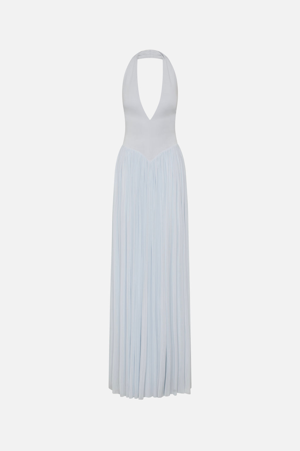 Light blue sleeveless jersey maxi dress with V-back and pleated skirt