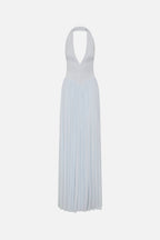 Light blue sleeveless jersey maxi dress with V-back and pleated skirt