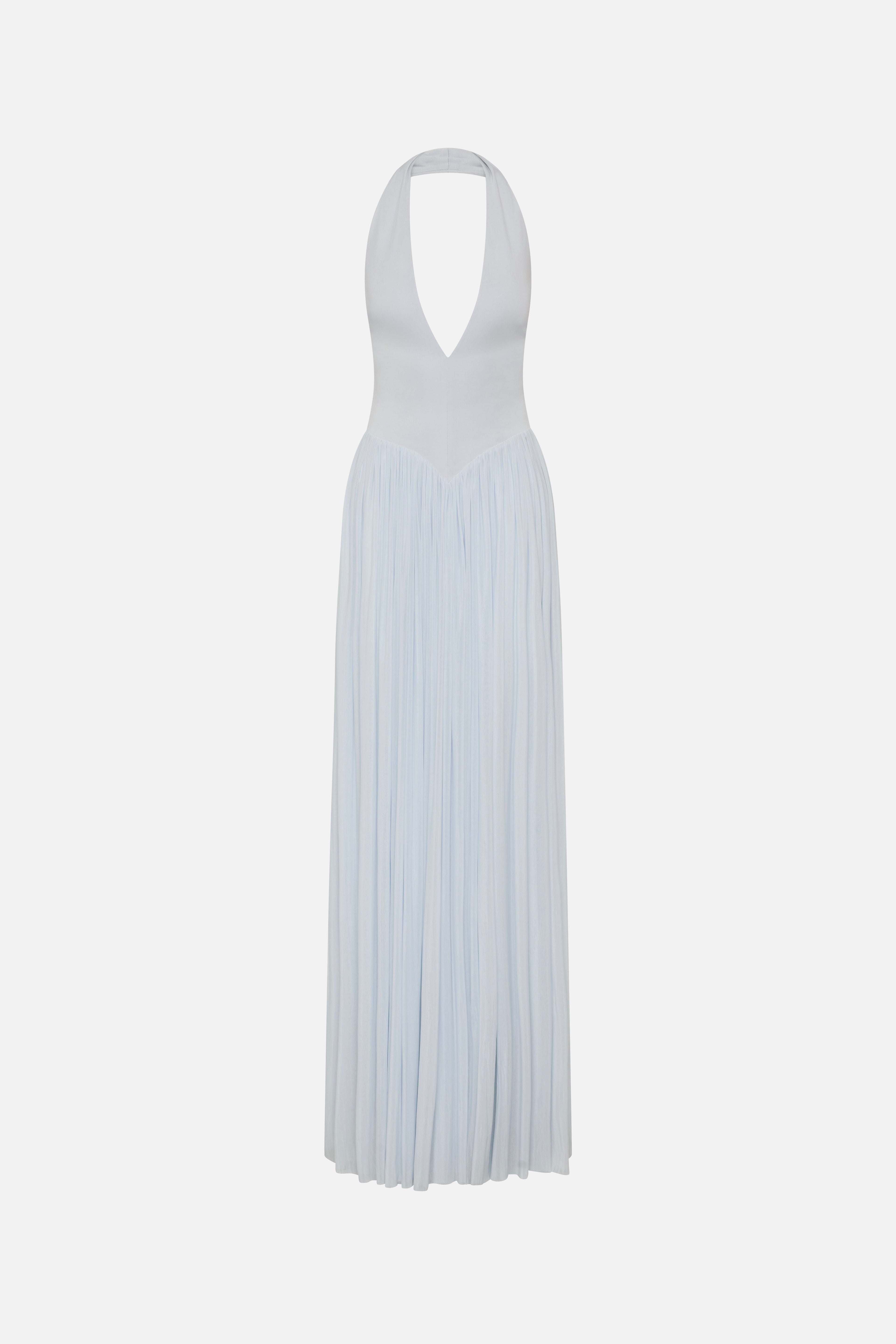 Light blue sleeveless jersey maxi dress with V-back and pleated skirt