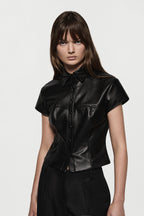 Black leather shirt with short sleeves and buttoned stand collar