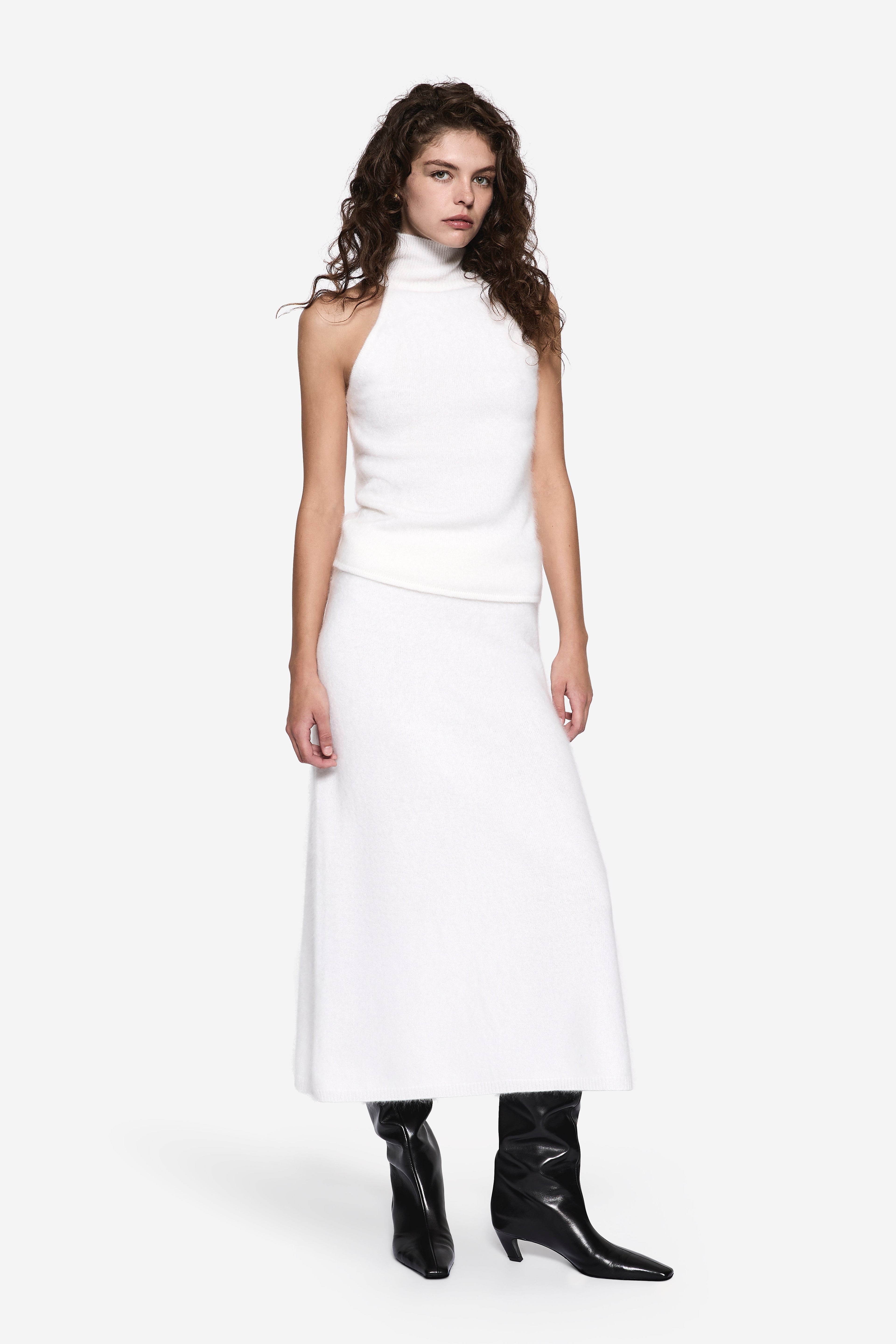 Off-white brushed cashmere halter top, sleeveless with fitted waist