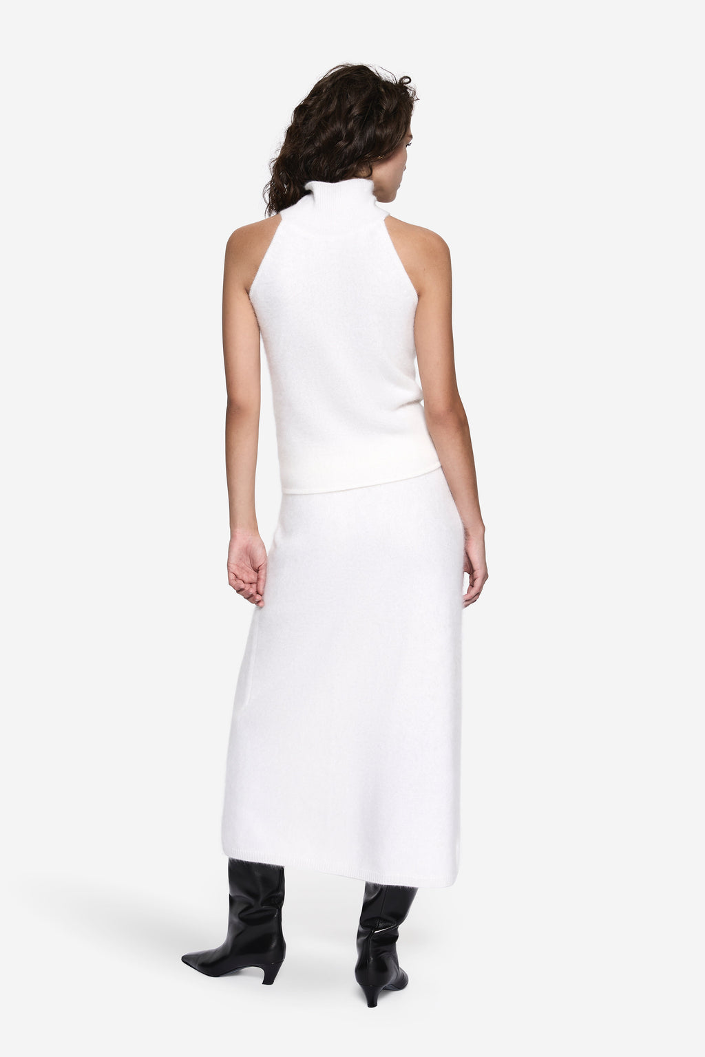 Off-white brushed cashmere halter top, back view with high neck