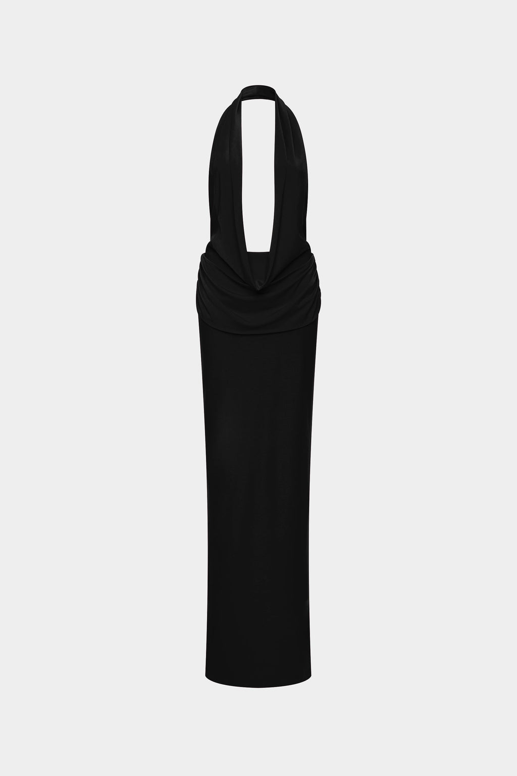 Black jersey halter maxi dress, sleeveless back view