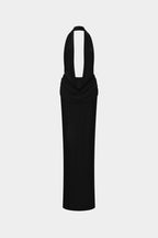Black jersey halter maxi dress, sleeveless back view