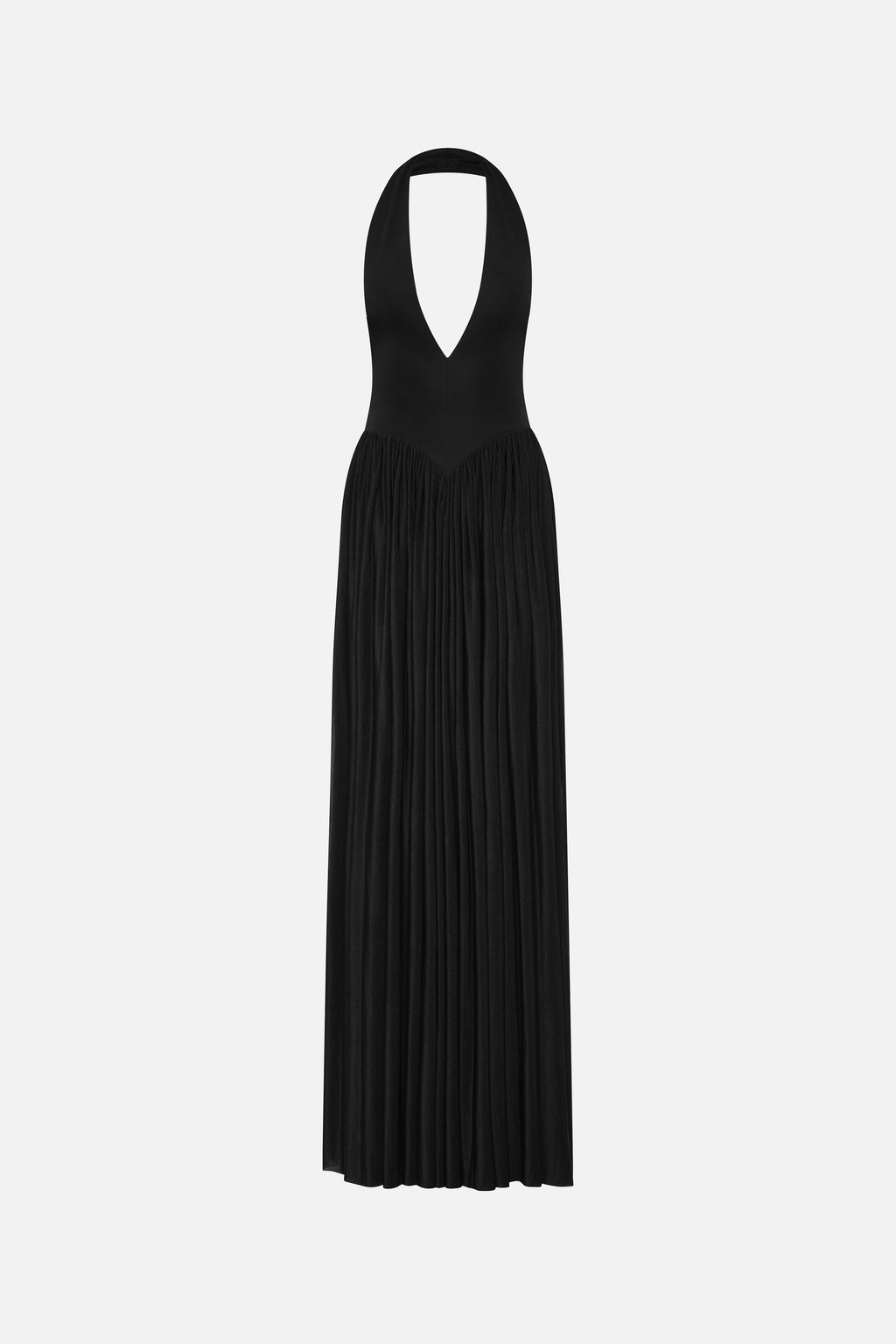 Black halter jersey maxi dress, backless with deep V neckline and pleated length