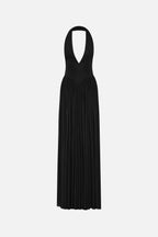 Black halter jersey maxi dress, backless with deep V neckline and pleated length