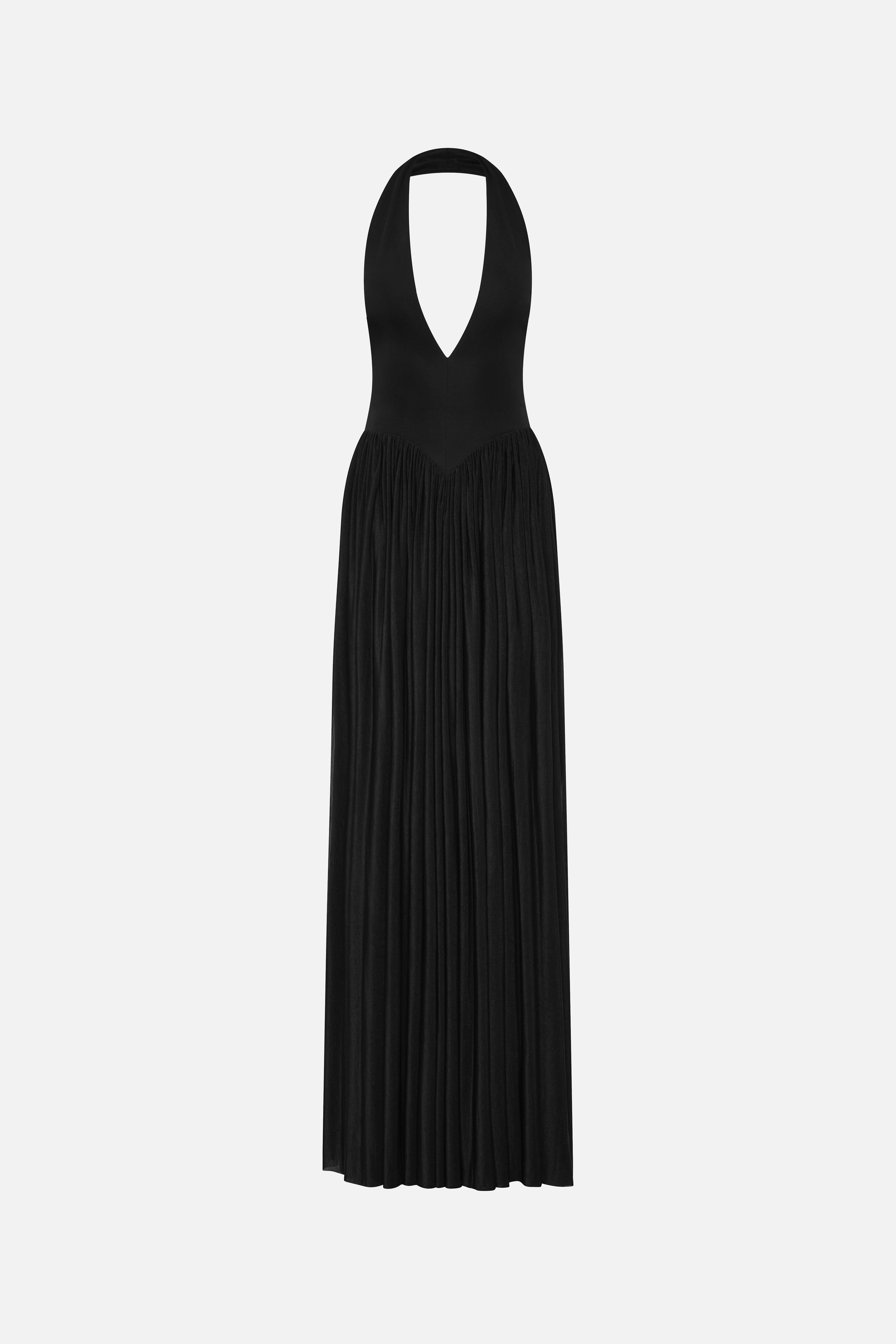 Black halter jersey maxi dress, backless with deep V neckline and pleated length