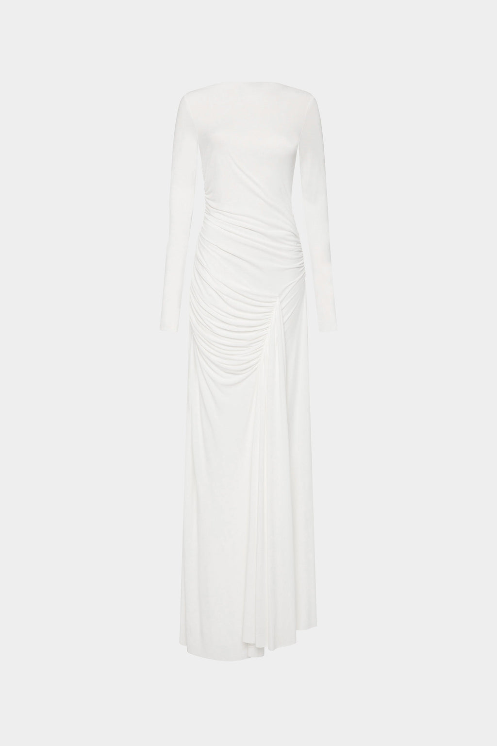 Ivory long-sleeve dress with ruched drape at waist and gathered side skirt