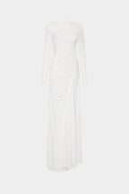 Ivory long-sleeve dress with ruched drape at waist and gathered side skirt