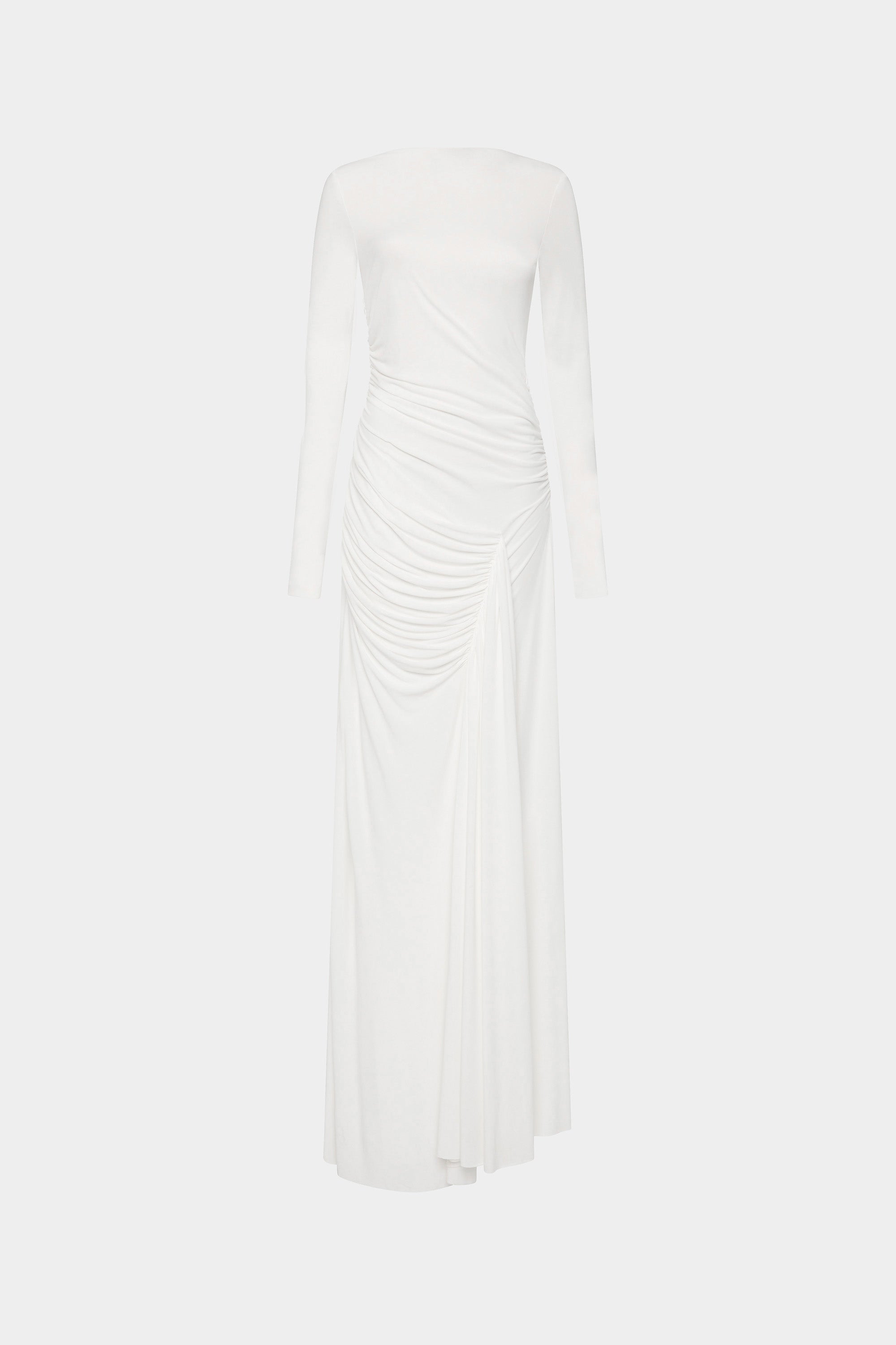 Ivory long-sleeve dress with ruched drape at waist and gathered side skirt