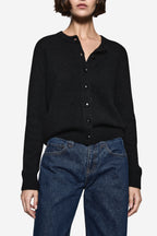 Black cardigan sweater with button-front placket, long sleeves, ribbed cuffs and hem