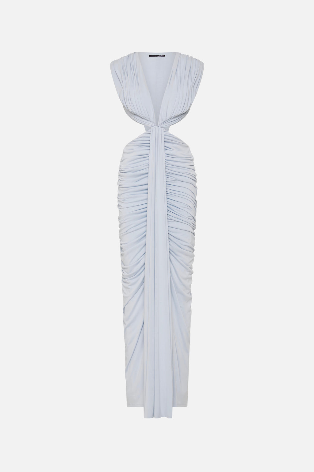 Sky blue sleeveless V-neck ruched maxi dress with gathered tie at waist