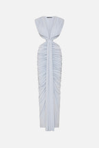 Sky blue sleeveless V-neck ruched maxi dress with gathered tie at waist