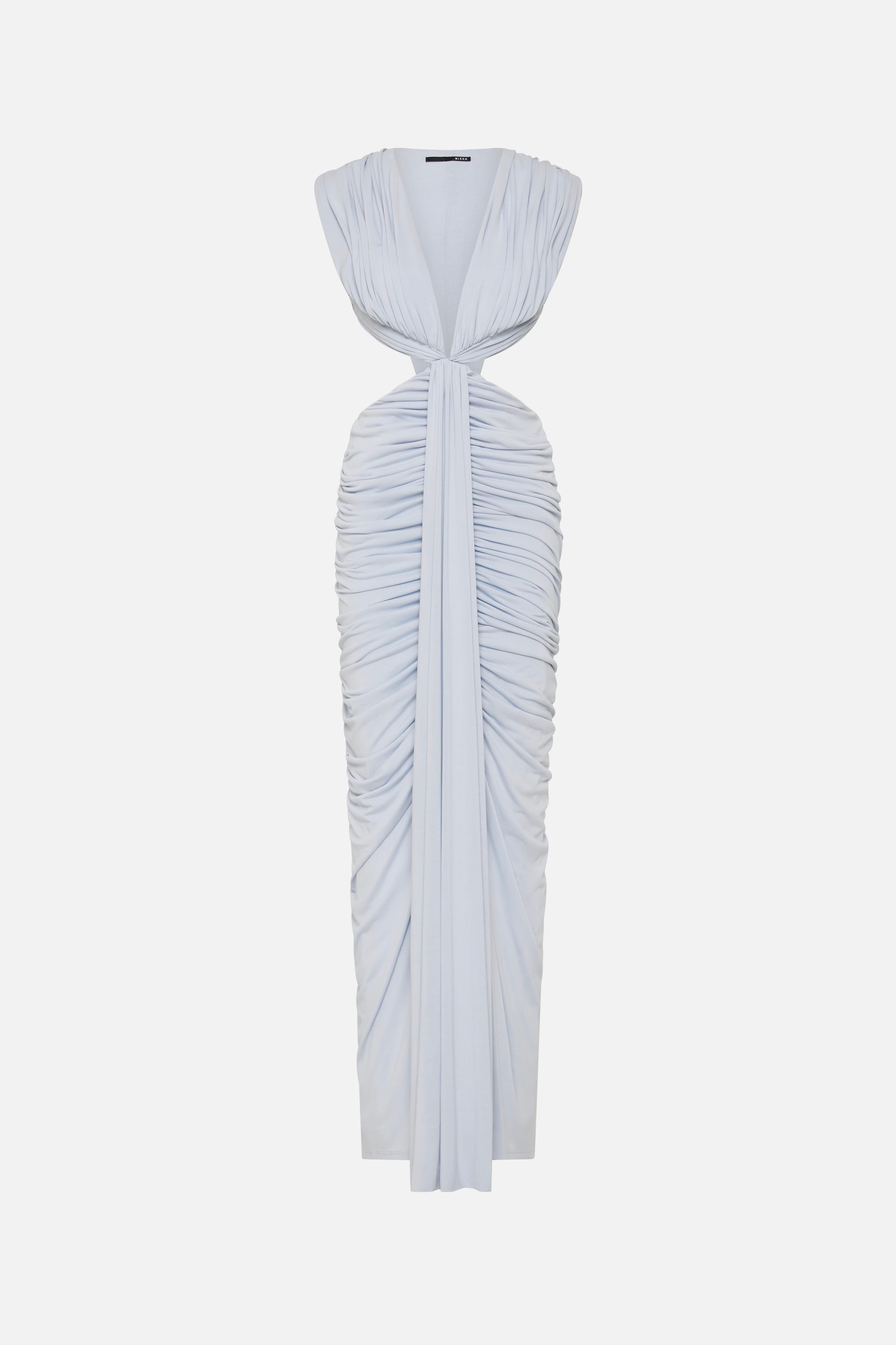 Sky blue sleeveless V-neck ruched maxi dress with gathered tie at waist