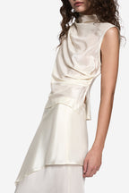 Off-white satin-like silk sleeveless top with draped cowl neck detail