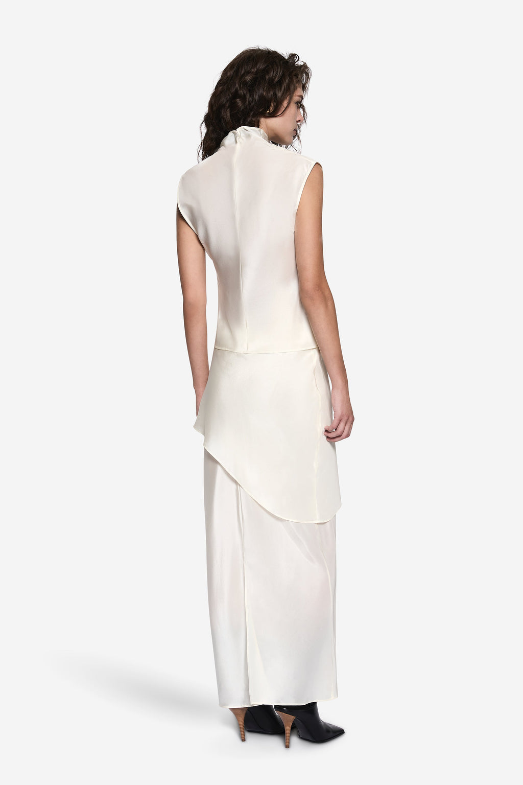Off-white sleeveless silk top with draped cowl neck and back seam detail